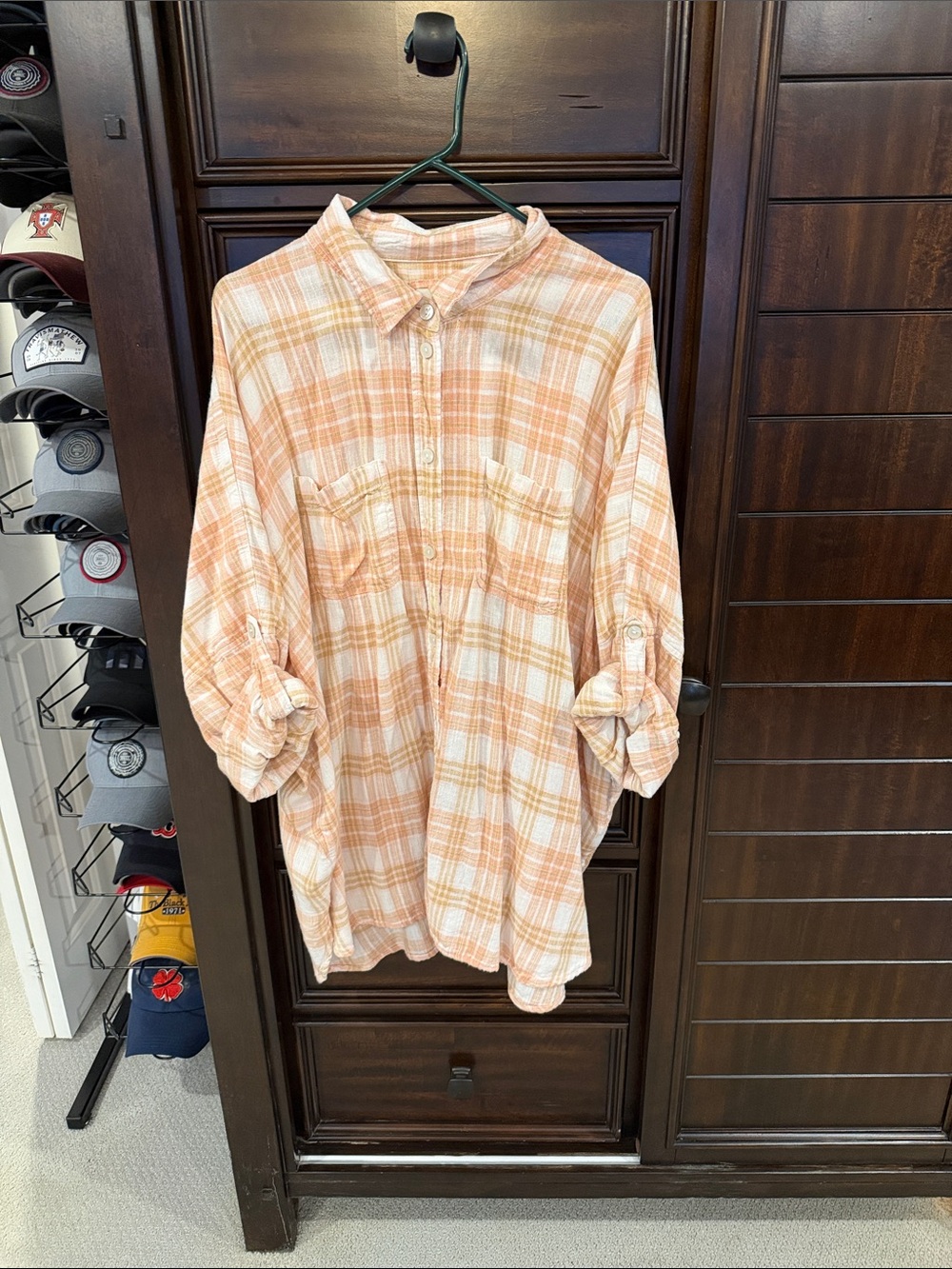 American Eagle Outfitters Peach and White Plaid Button-Down Shirt